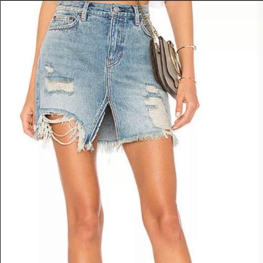 Free People Harvest Bell distressed denim skirt.